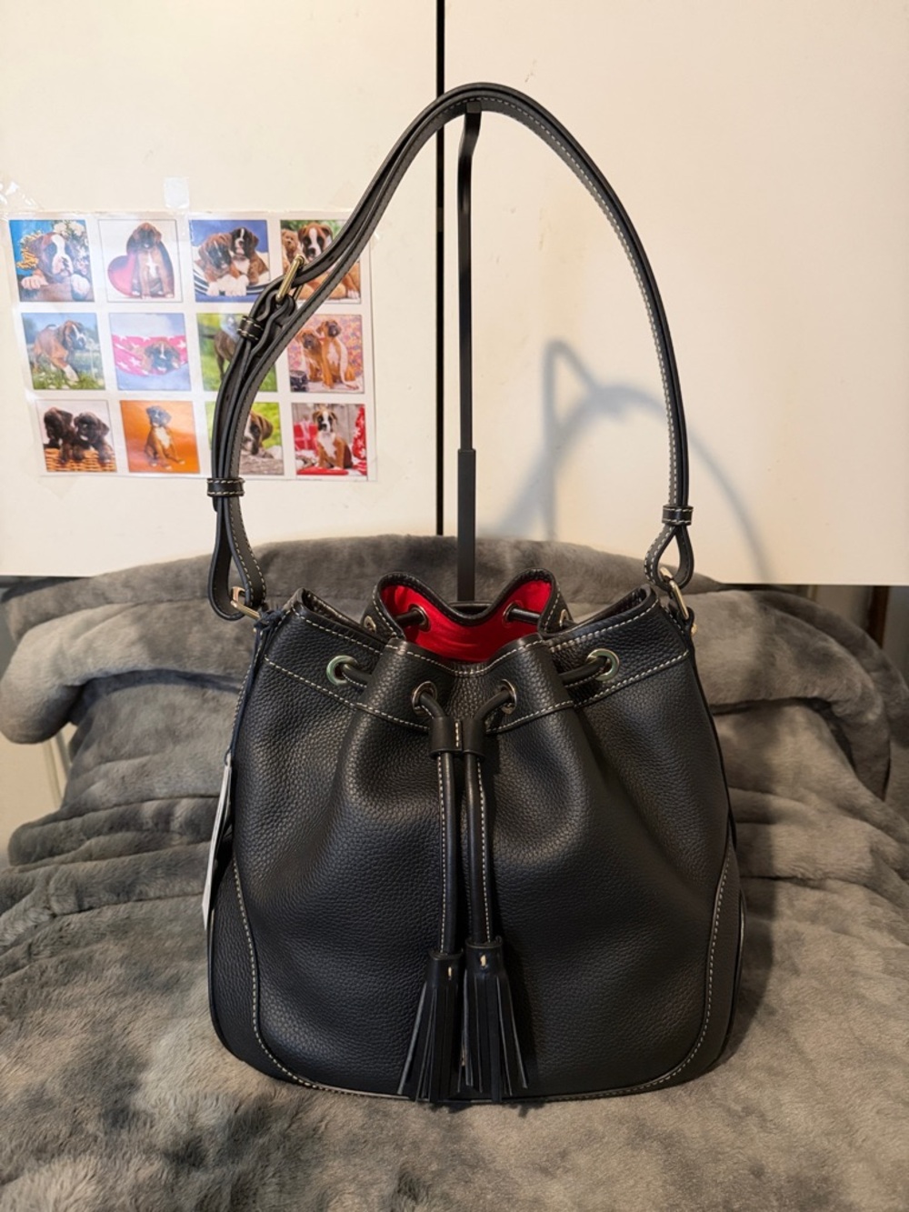 Dooney & Bourke Black Pebbled Leather Drawstring Shoulder Bag with Red Lining